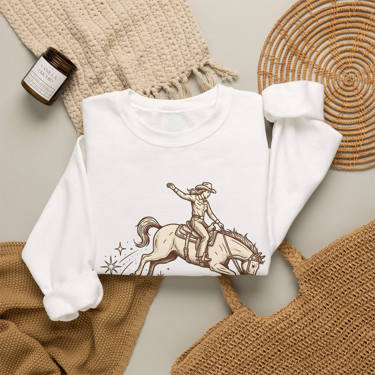 Cowboy Horse Cowgirl Ranch Gift Retro Stallion Cowboy Fan Horseback Sketch Crescent Sweatshirt