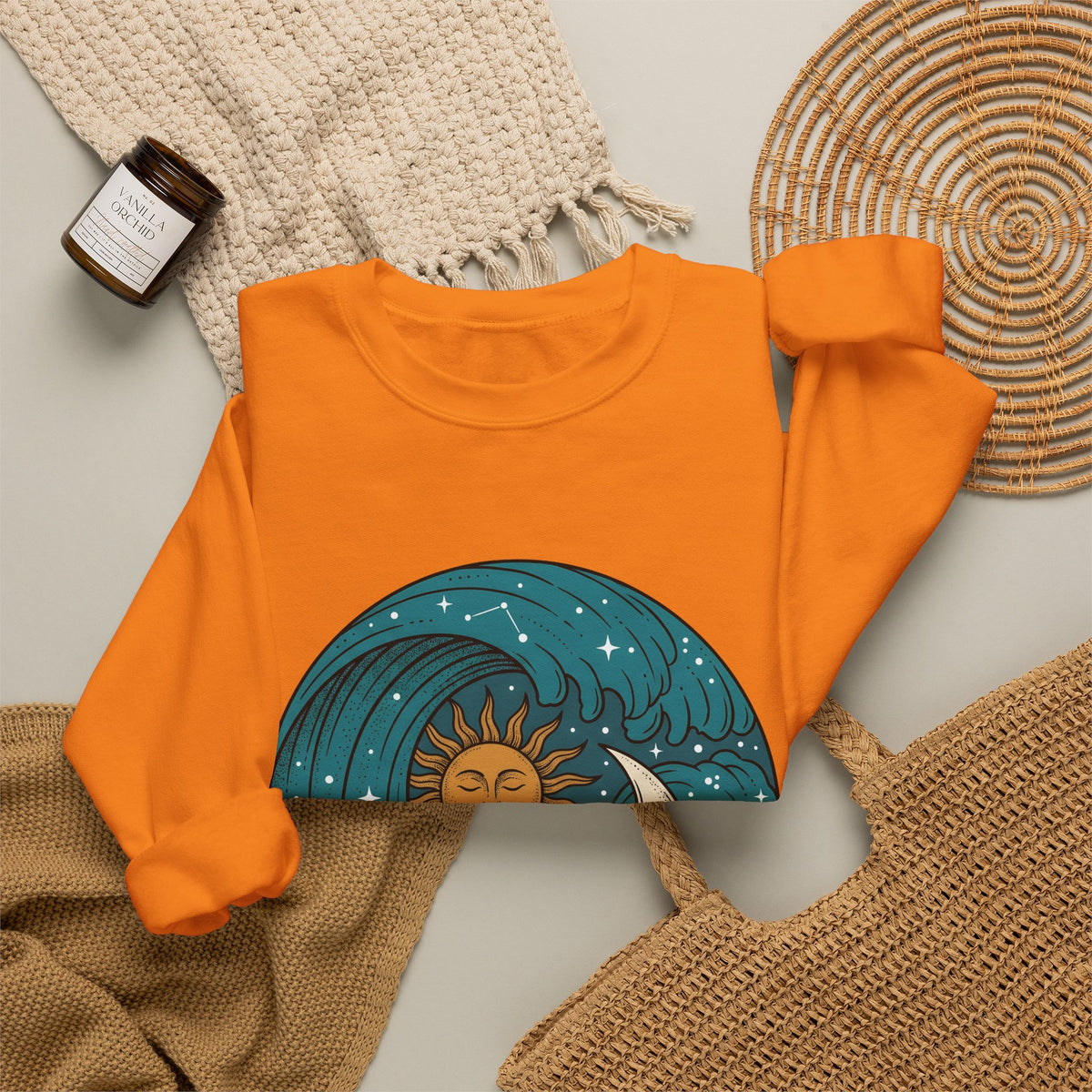 Sun Moon Sea Celestial Horoscope Gift Folk Ocean Astrology Enthusiast Bohemian Zodiac Rustic Star Sweatshirt