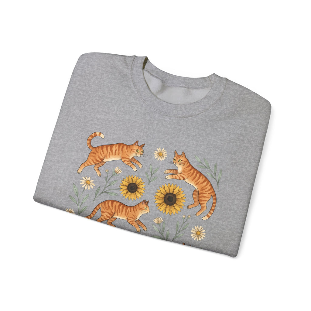 Ginger Cats Sweatshirt Cat Flower Gift Women Cartoon Sweatshirt Orange Cat Sweatshirt Cat Fan Feline Graphic Illustration Comic Sweatshirt Sketch Sunflower