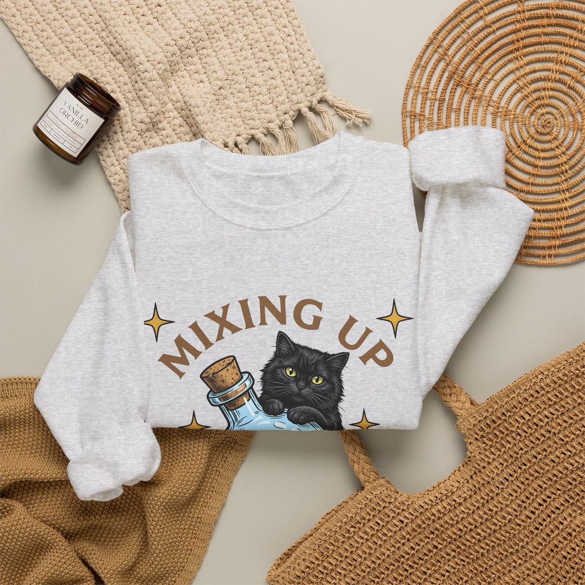 Black Cat Potion Sweatshirt Cat Humor Gift Women Cartoon Sweatshirt Magic Potion Sweatshirt Cat Fan Comic Sweatshirt Funny Graphic Vintage Stars Sweatshirt