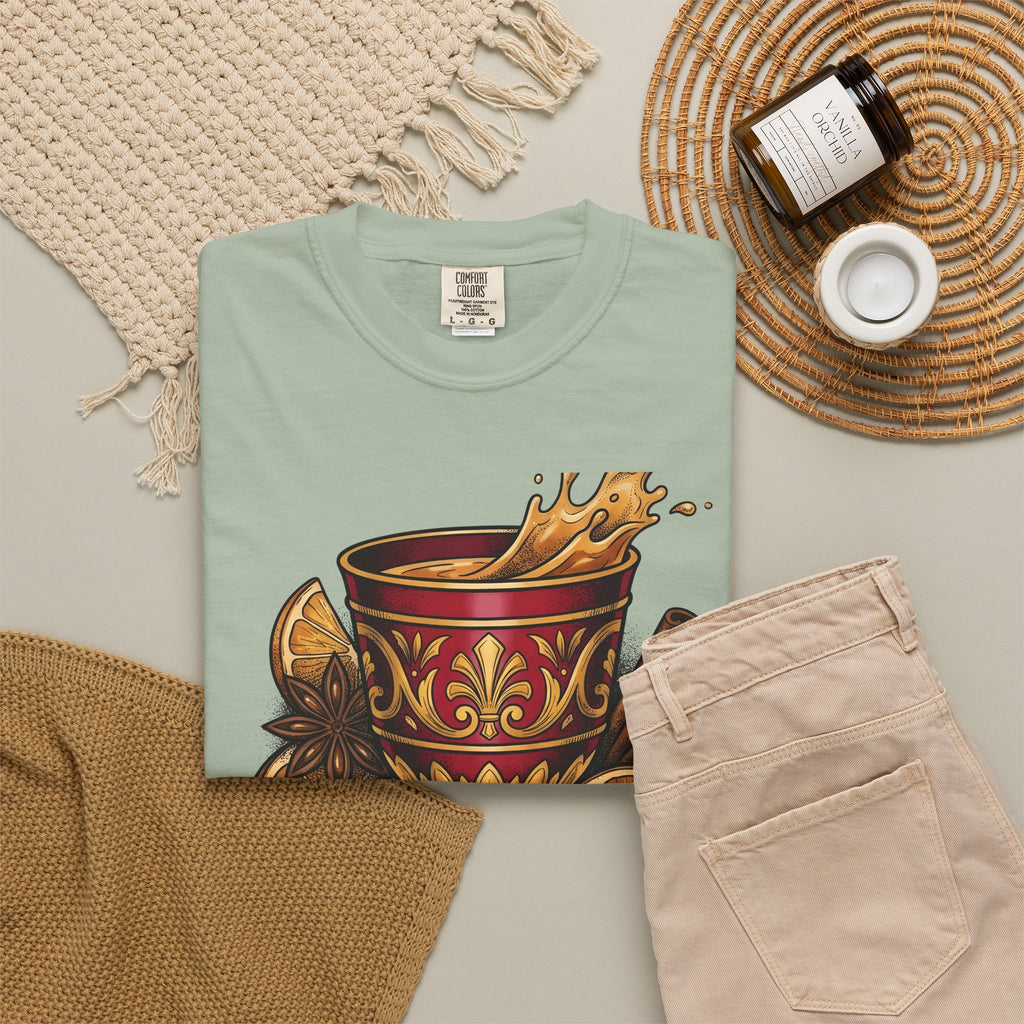 Hot Spiced Drink Holiday Yuletide Gift Farmhouse Mulled Wine Christmas Fan Rustic Winter Outline T-Shirt