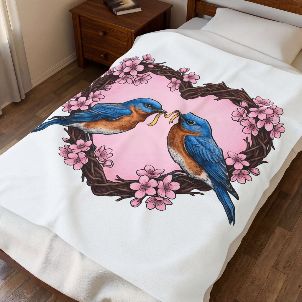 Bluebirds Heart Blanket Cute Romantic Gift Women Hand Drawn Blanket Lovebird Blanket Adorable Fan Illustrated Blanket Amorous Graphic Vintage