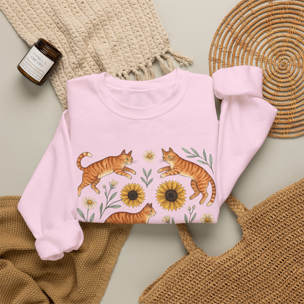 Ginger Cats Sweatshirt Cat Flower Gift Women Cartoon Sweatshirt Orange Cat Sweatshirt Cat Fan Feline Graphic Illustration Comic Sweatshirt Sketch Sunflower