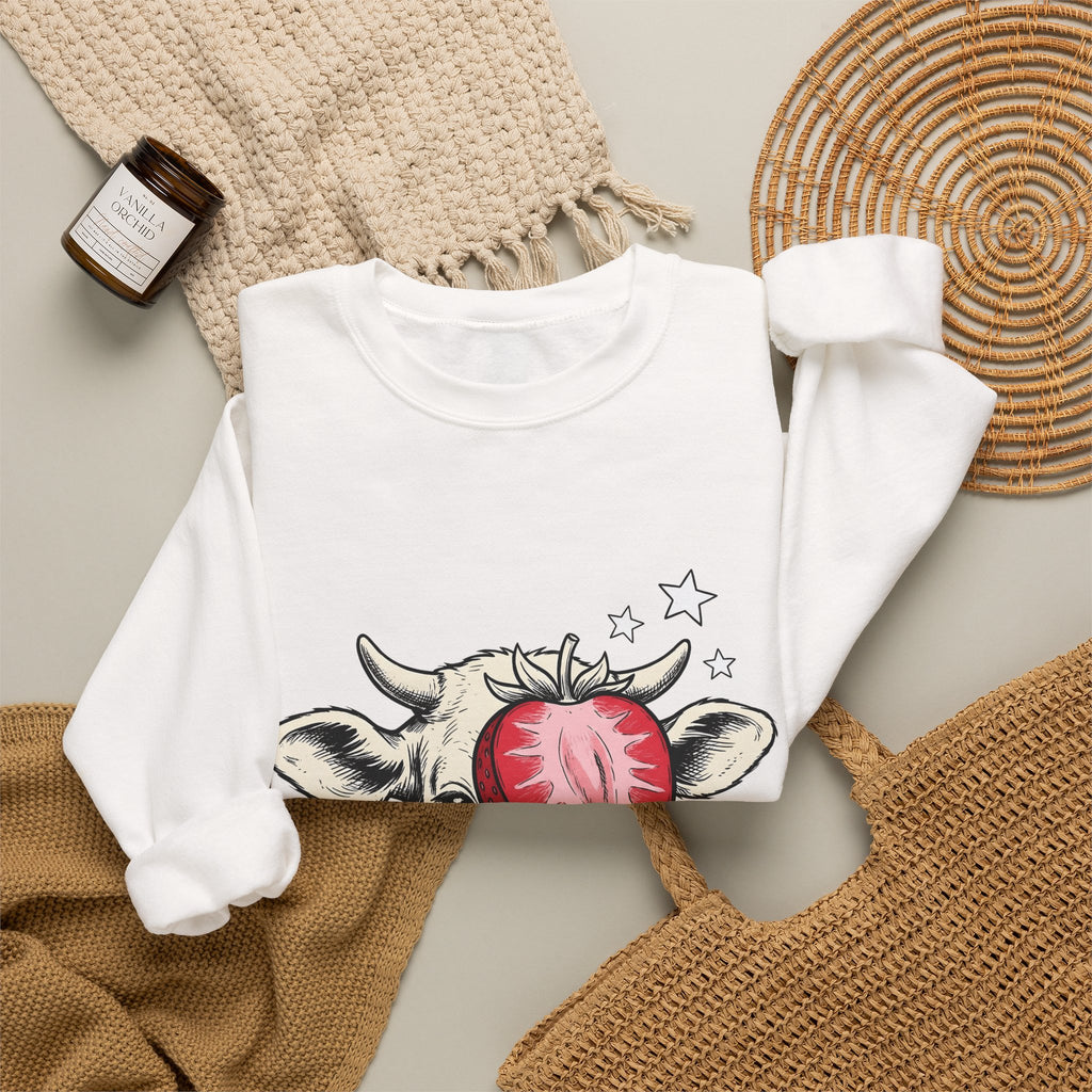 Cow Strawberry Sweatshirt Cute Animal Gift Women Hand Drawn Sweatshirt Cow Sweatshirt Adorable Fan Illustrated Sweatshirt Creature Graphic Whimsical Stars