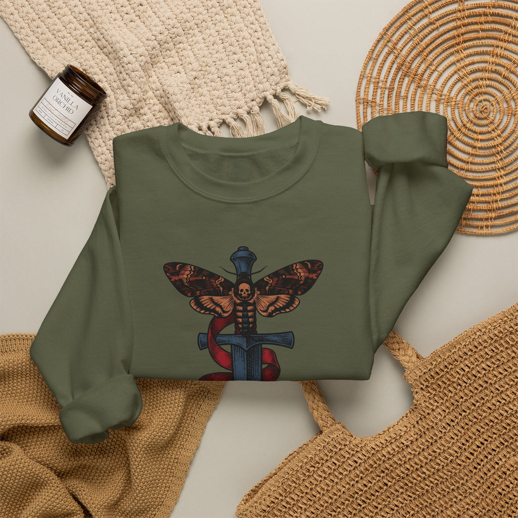 Death Moth Dagger Sweatshirt Boho Chic Gothic Gift Women Tattoo Sweatshirt Dagger Sweatshirt Bohemian Fan Ink Sweatshirt Dark Graphic Vintage Ribbon Sweatshirt