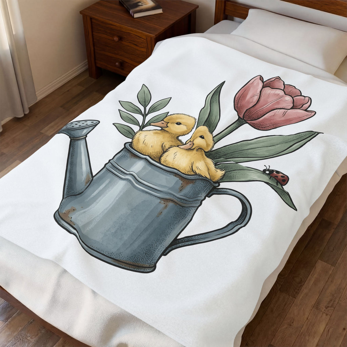 Baby Ducks Watering Pot Blanket Easter Garden Gift Women Sketch Blanket Duckling Blanket Spring Fan Doodle Blanket Gardening Graphic Retro Flower