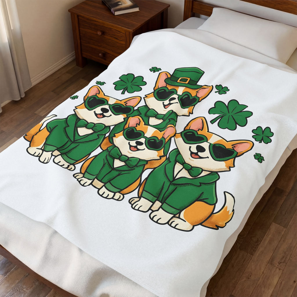 Corgi Puppies Blanket St Patrick's Day Pet Owner Gift Women Comic Blanket Puppy Blanket Shamrock Fan Cartoon Blanket Dog Mom Graphic Chibi Clover