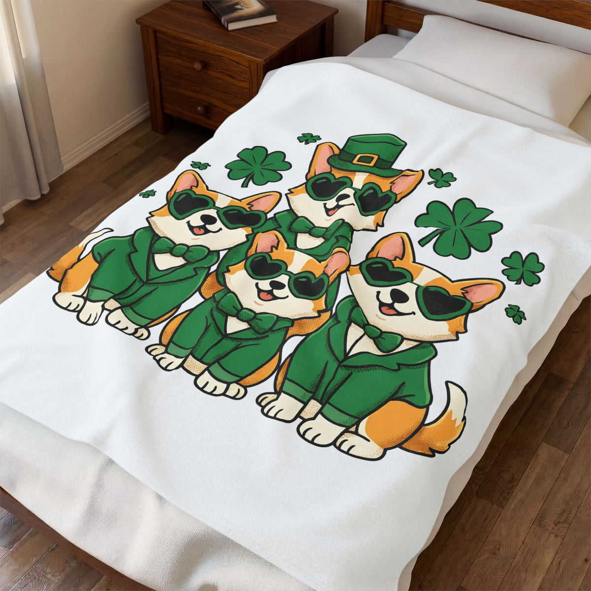Corgi Puppies Blanket St Patrick's Day Pet Owner Gift Women Comic Blanket Puppy Blanket Shamrock Fan Cartoon Blanket Dog Mom Graphic Chibi Clover