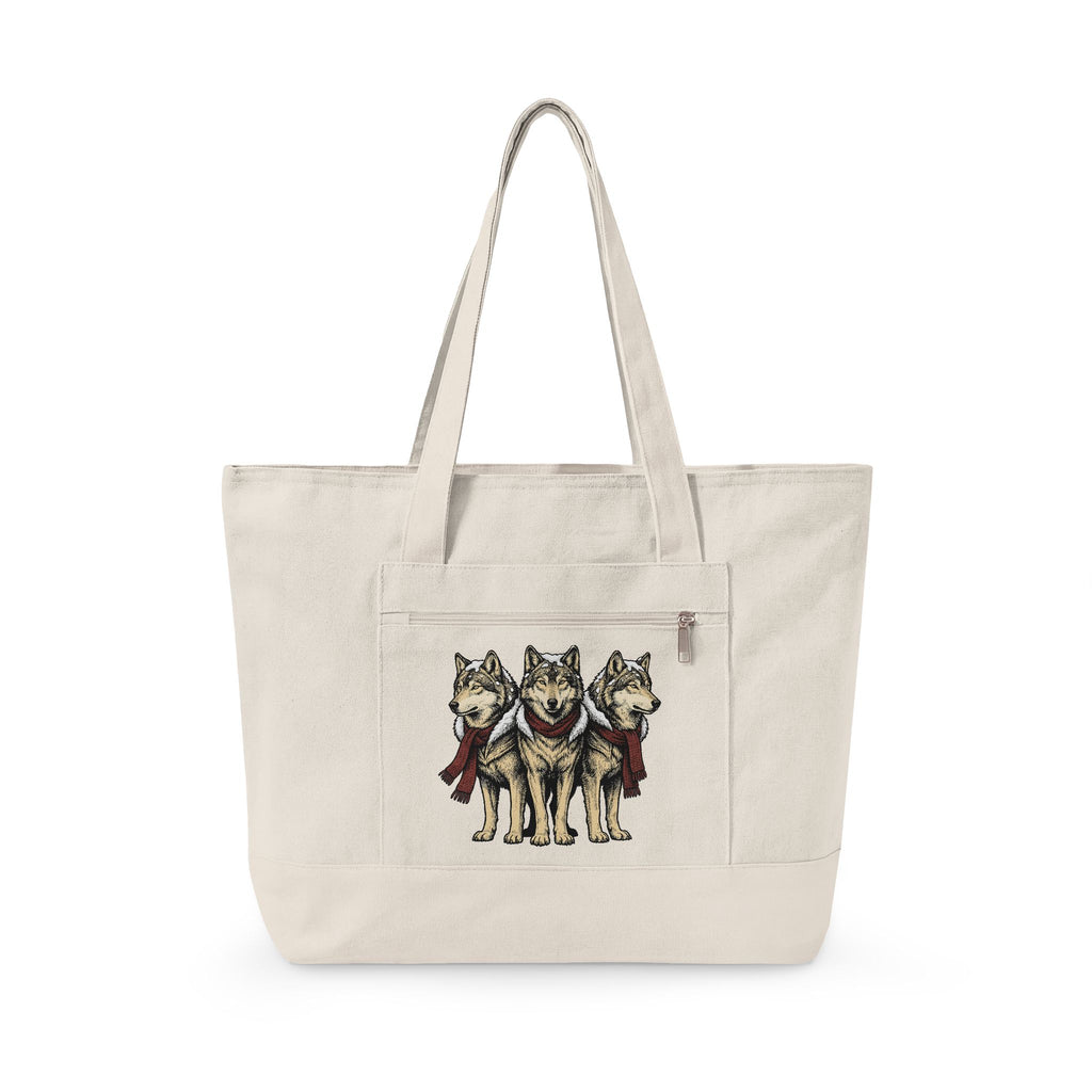 Wolf Trio Tote Bag Christmas Animal Gift Women Hand Drawn Tote Bag Pack Tote Bag Xmas Fan Illustrated Tote Bag Creature Graphic Vintage Scarf Tote Bag