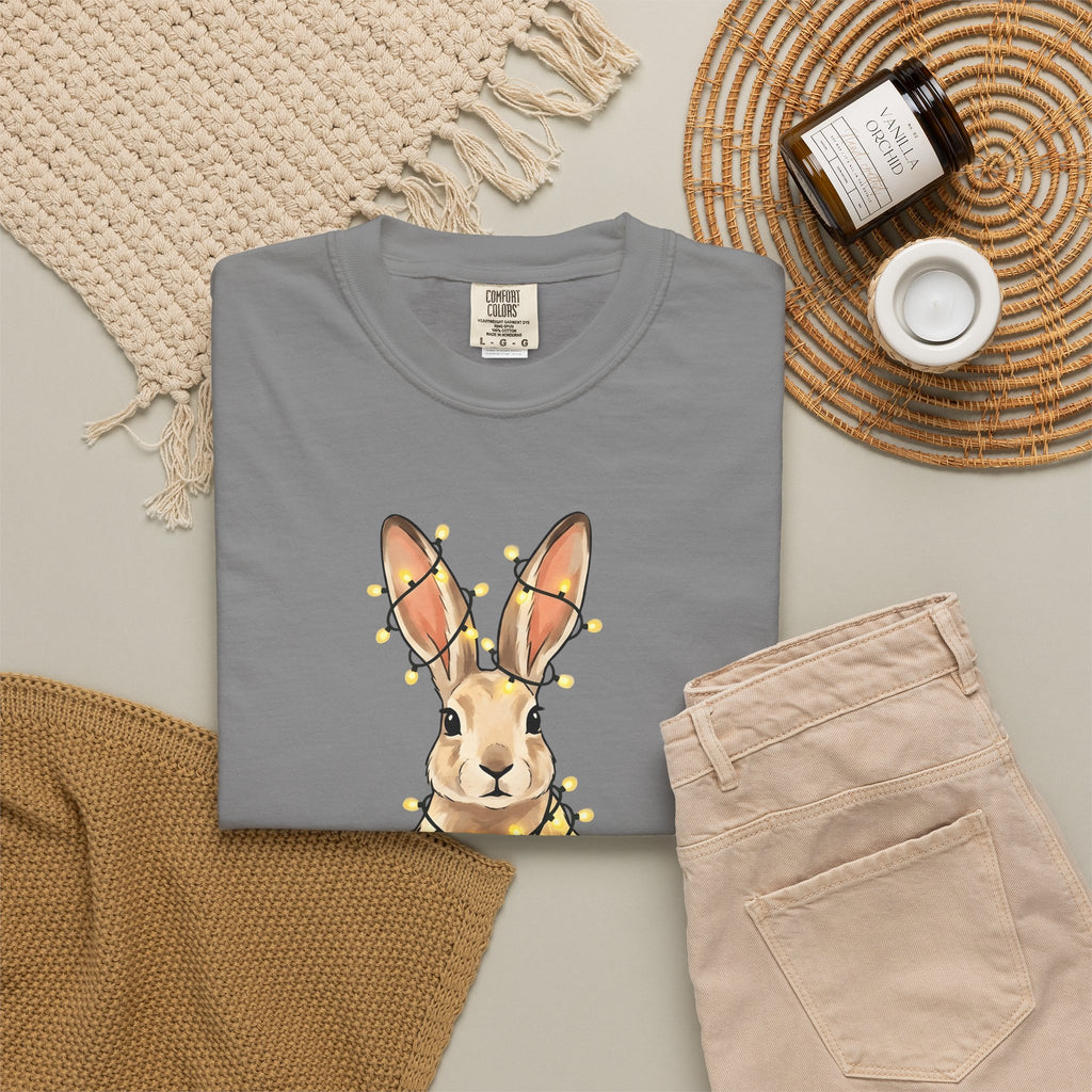 Bunny T-Shirt Animals Holiday Gift Women Cute T-Shirt Rabbit T-Shirt Pet Fan Cute T-Shirt Christmas Graphic Hand Drawn String Lights T-Shirt