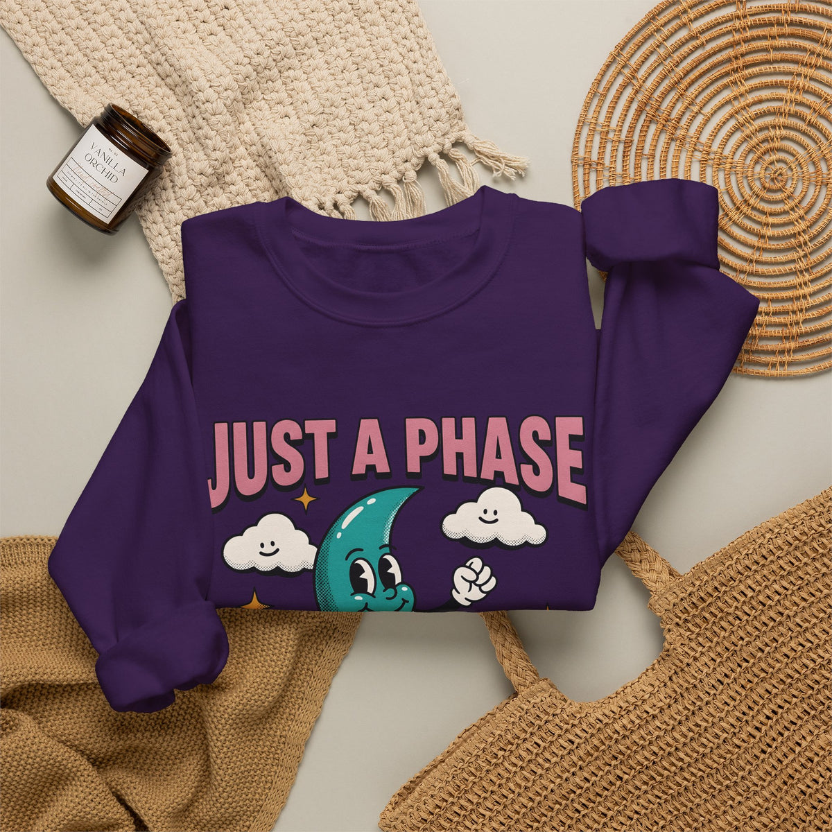 Moon Character Funny Stars Gift Hand Drawn Lunar Humor Fan Illustrated Celestial Sketch Cheerful Sweatshirt
