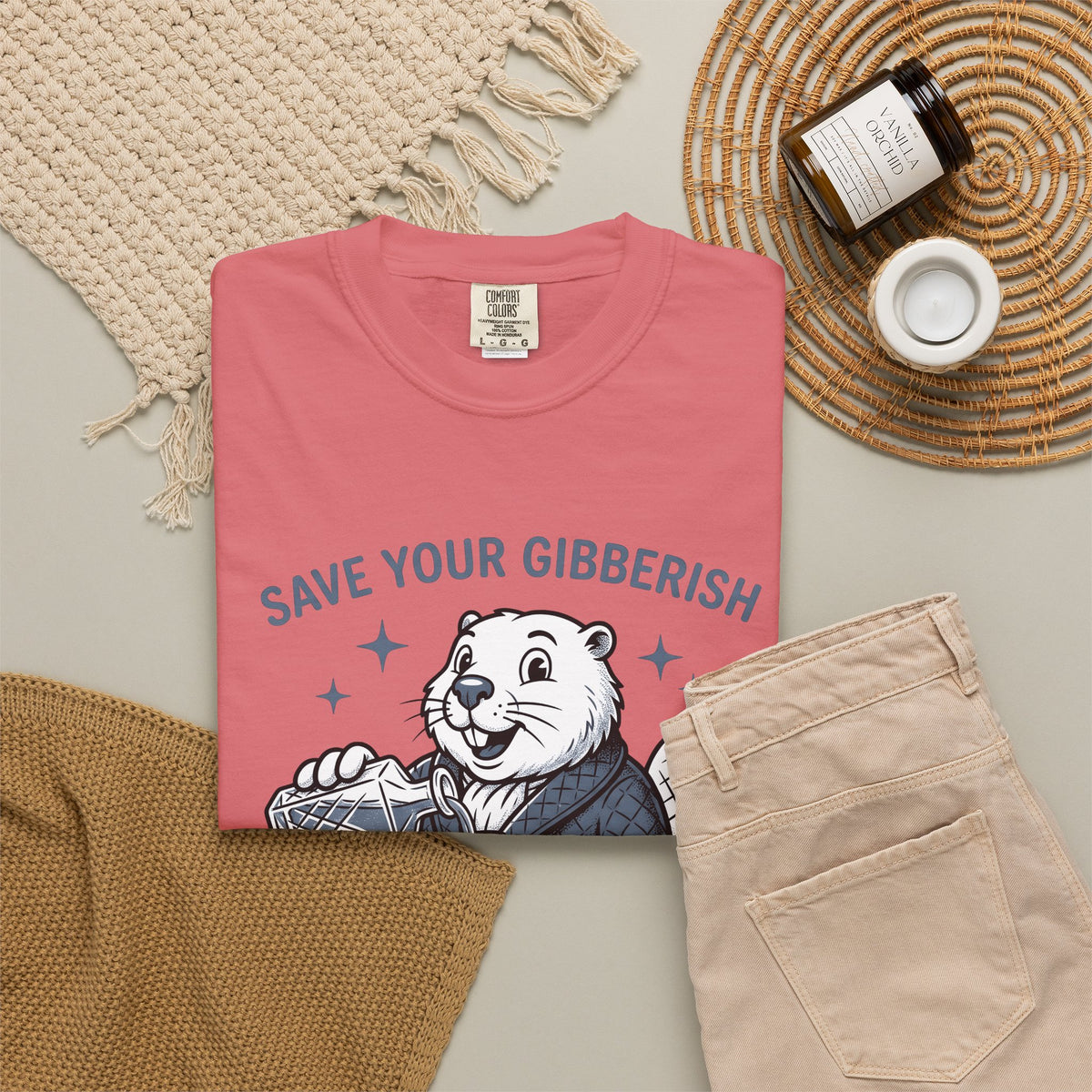 Beaver Sipping T-Shirt Cute Wildlife Gift Women Comic T-Shirt Dam T-Shirt Adorable Fan Cartoon T-Shirt Animal Graphic Retro Gown T-Shirt