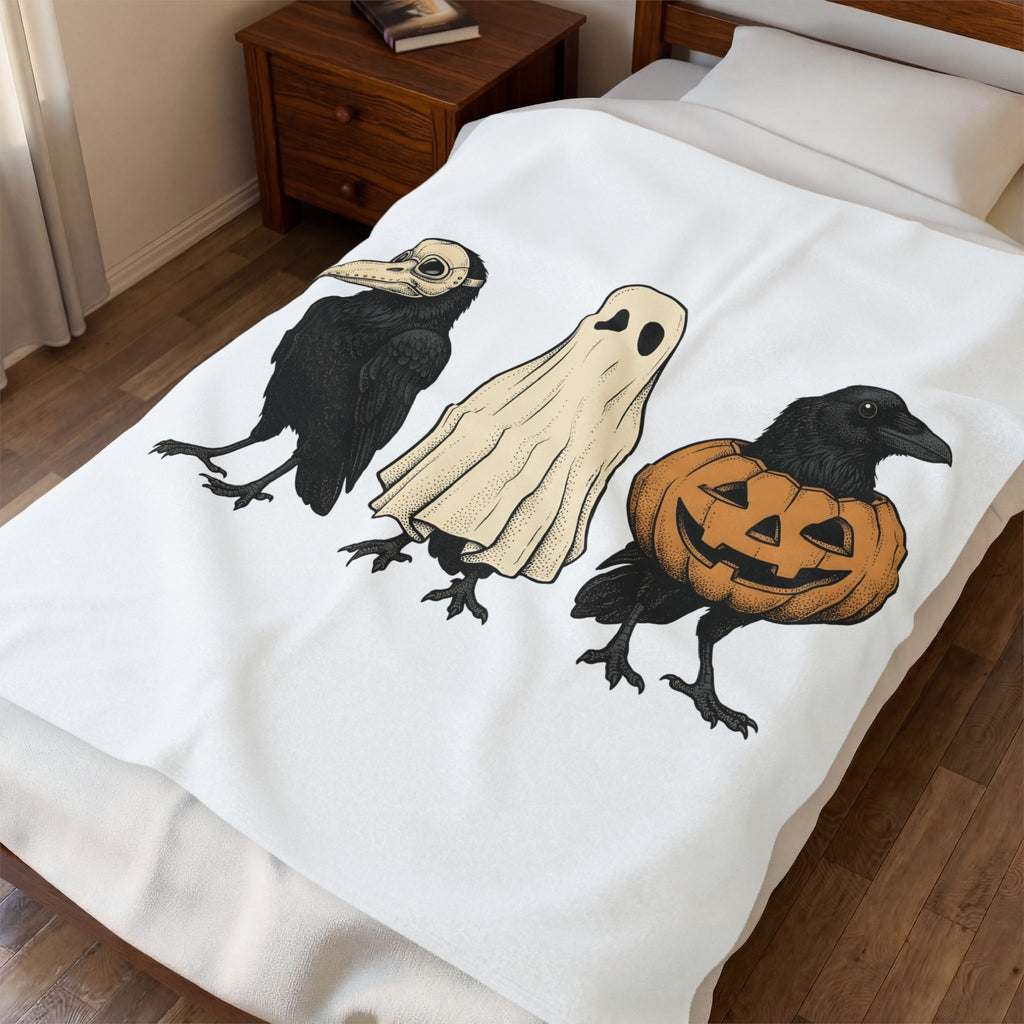 Raven Outfit Blanket Halloween Horror Gift Women Retro Blanket Crow Outfit Blanket Horror Fan Creepy Graphic Blanket Sketch Jack-O-Lantern Blanket