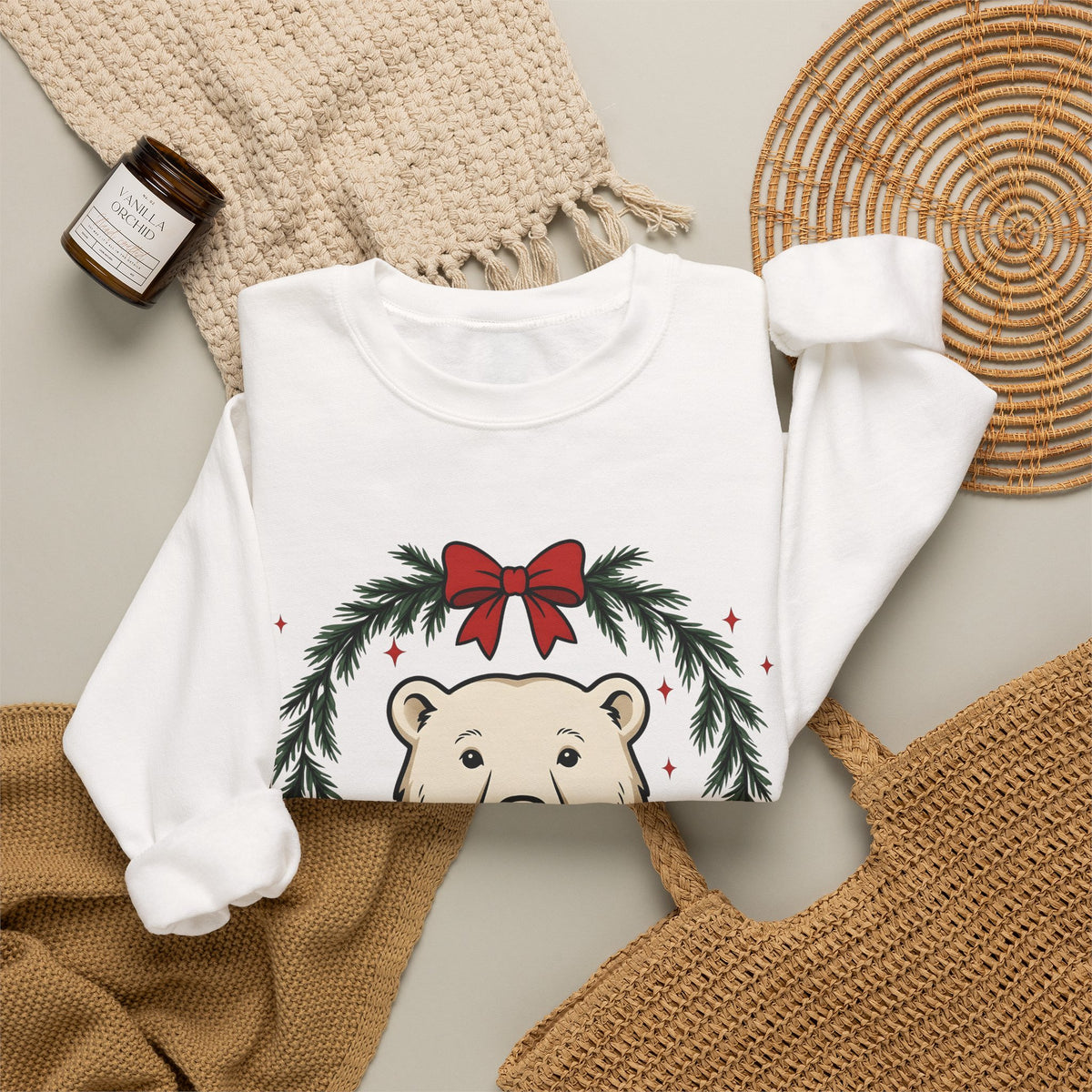 Arctic Bear Sweatshirt Christmas Wildlife Gift Women Comic Sweatshirt Polar Bear Sweatshirt Xmas Fan Cartoon Sweatshirt Animal Graphic Sketch Garland Sweatshirt