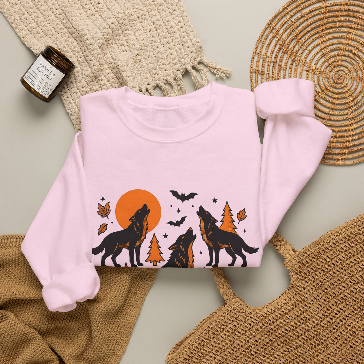 Wolf Crew Sweatshirt Halloween Fauna Gift Women Minimalist Sweatshirt Wolf Pack Sweatshirt Horror Fan Werewolf Sweatshirt Wildlife Graphic Sketch Bats Flying