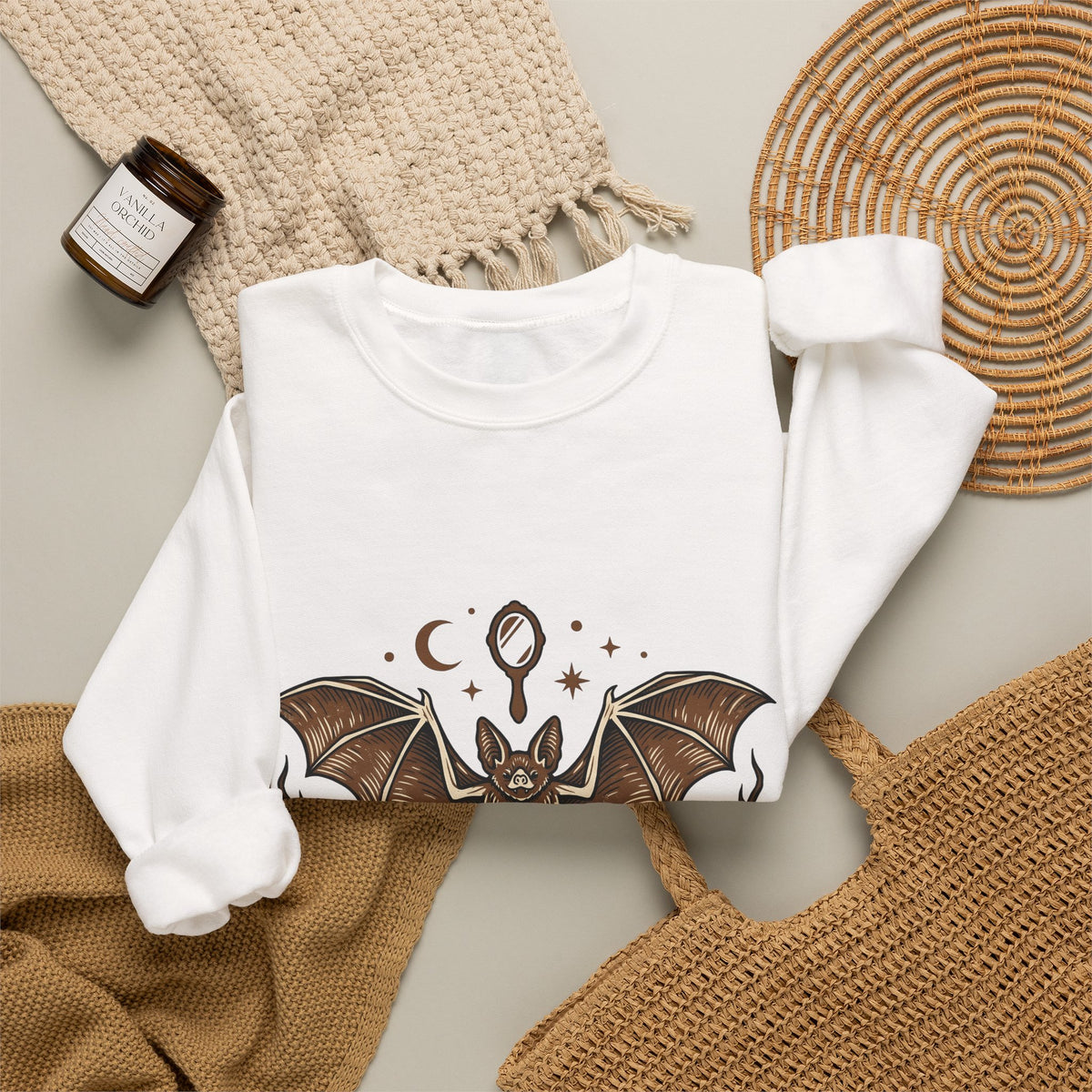 Bat Drawing Sweatshirt Boho Chic Magic Gift Women Creepy Sweatshirt Bat Sweatshirt Bohemian Fan Spooky Sweatshirt Mystical Graphic Sketch Taper Candle Sweatshirt