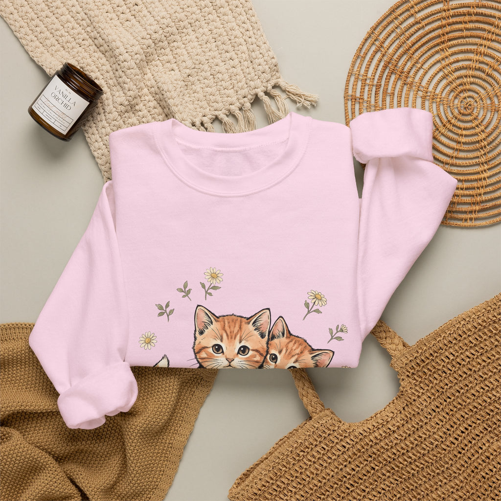 Orange Tabby Kittens Sweatshirt Cat Floral Gift Women Cute Sweatshirt Kitten Sweatshirt Cat Fan Adorable Sweatshirt Botanical Graphic Hand Drawn Daisies Sweatshirt