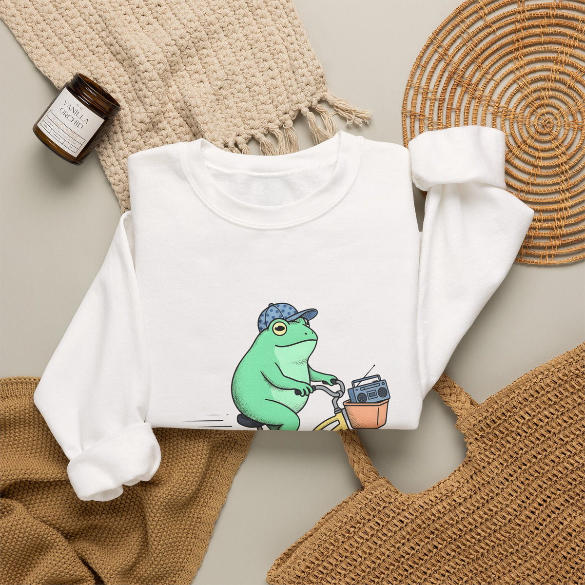 Frog Cycle Sweatshirt Funny Critters Gift Women Graphic Sweatshirt Toad Sweatshirt Humor Fan Cartoon Sweatshirt Creature Graphic Old School Music Player Sweatshirt