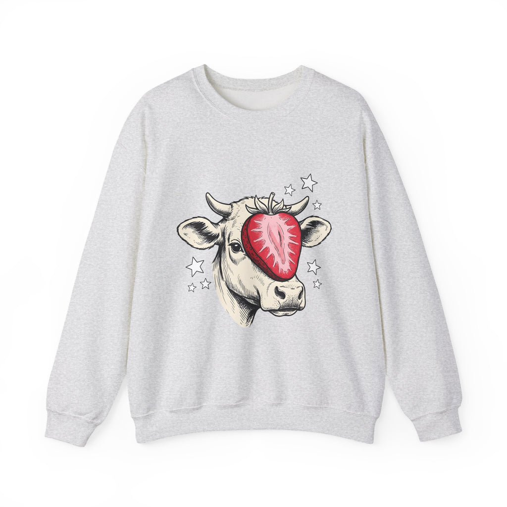 Cow Strawberry Sweatshirt Cute Animal Gift Women Hand Drawn Sweatshirt Cow Sweatshirt Adorable Fan Illustrated Sweatshirt Creature Graphic Whimsical Stars