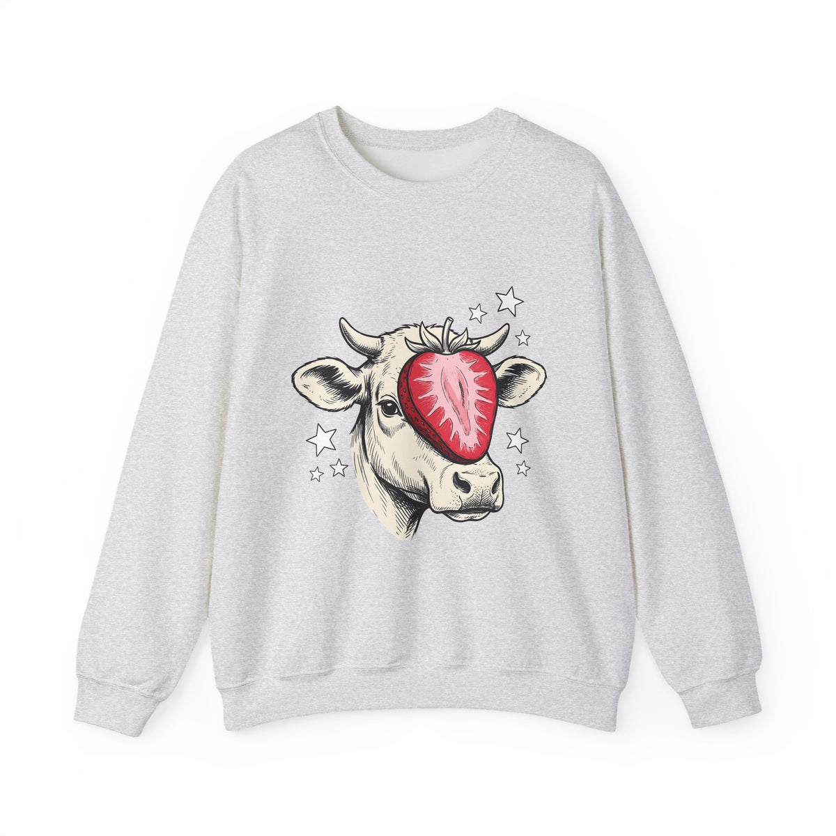 Cow Strawberry Sweatshirt Cute Animal Gift Women Hand Drawn Sweatshirt Cow Sweatshirt Adorable Fan Illustrated Sweatshirt Creature Graphic Whimsical Stars