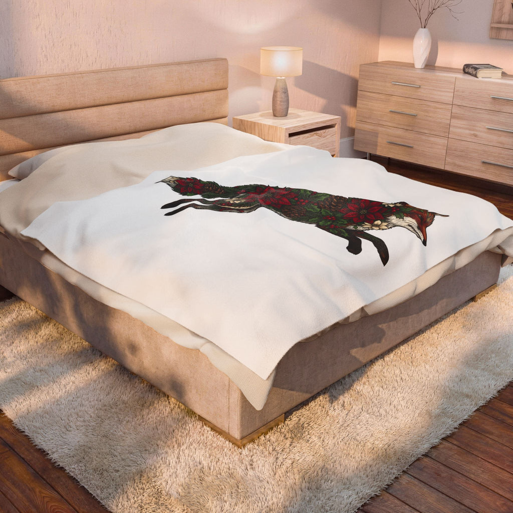 Fox Flower Holiday Winter Gift Floral Flower Christmas Fan Floral Snowflake Retro Pine Cone Blanket