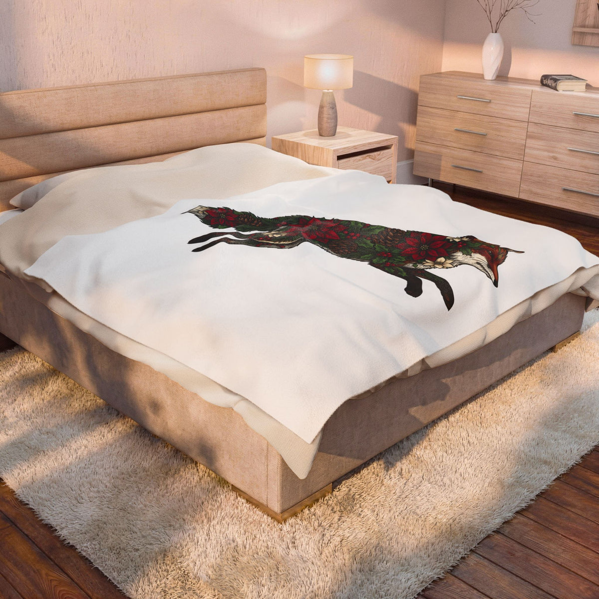 Fox Flower Holiday Winter Gift Floral Flower Christmas Fan Floral Snowflake Retro Pine Cone Blanket