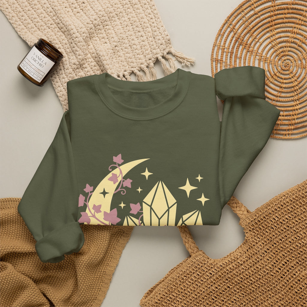 Moon Gems Sweatshirt Boho Chic Wellness Gift Women Starry Sweatshirt Lunar Stones Sweatshirt Bohemian Fan Celestial Sweatshirt Holistic Graphic Sleek Greenery