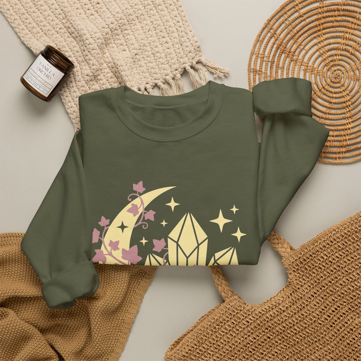 Moon Gems Sweatshirt Boho Chic Wellness Gift Women Starry Sweatshirt Lunar Stones Sweatshirt Bohemian Fan Celestial Sweatshirt Holistic Graphic Sleek Greenery