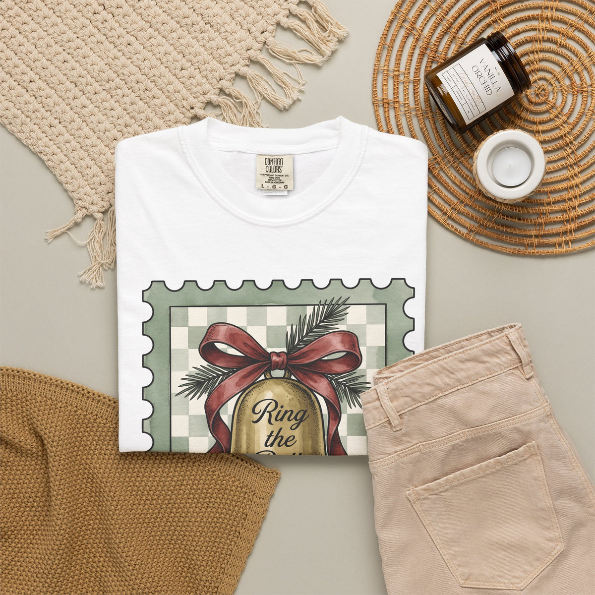 Festive Bell T-Shirt Christmas Seasonal Gift Women Retro T-Shirt Jingle Bell T-Shirt Christmas Fan Vintage T-Shirt Holiday Graphic Rustic Fir Twig
