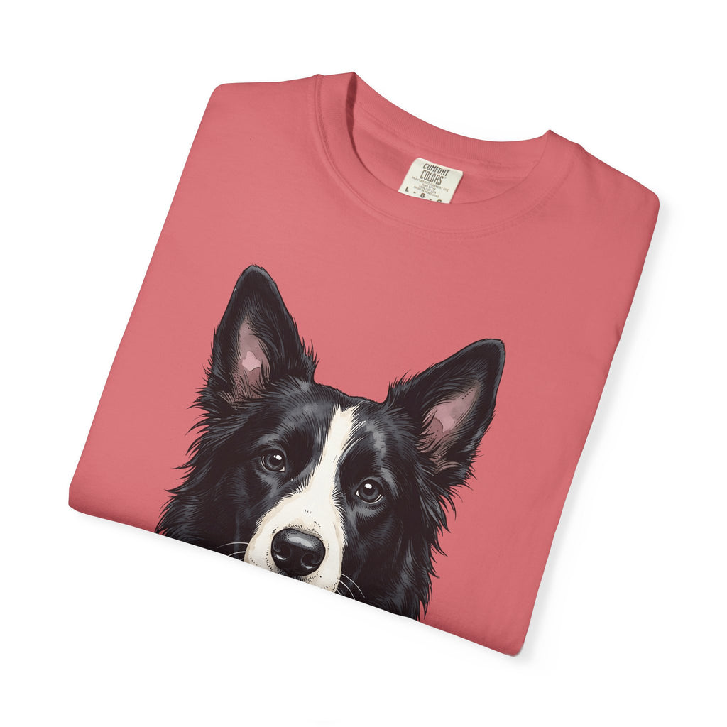 Border Collie Puppy T-Shirt Dog Pets Gift Women Line Art T-Shirt Puppy T-Shirt Dog Fan Collie T-Shirt Animal Graphic Hand Drawn Woven Collar T-Shirt