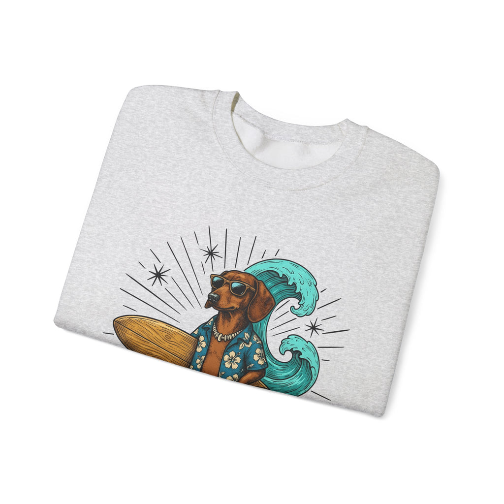 Dachshund Surfer Sweatshirt Dog Holiday Gift Women Animated Sweatshirt Wiener Dog Sweatshirt Dog Fan Cartoon Sweatshirt Vacation Graphic Retro Surfboard Sweatshirt