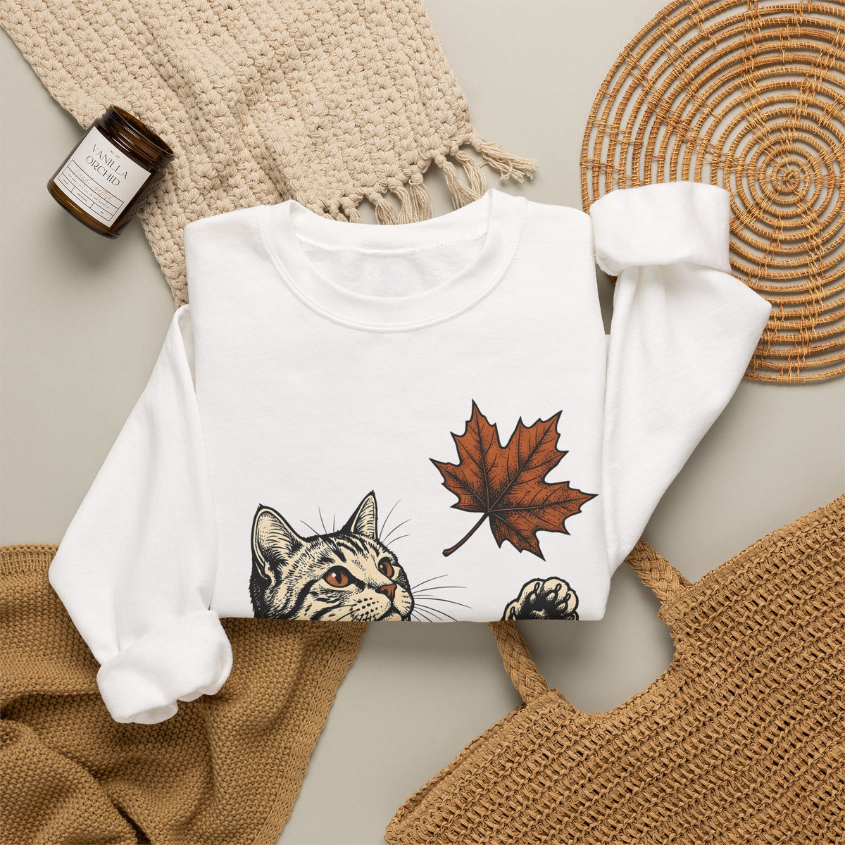 Tabby Cat Sweatshirt Cat Autumn Gift Women Vintage Sweatshirt Kitty Sweatshirt Feline Fan Retro Sweatshirt Fall Graphic Hand Drawn Maple Leaf Sweatshirt