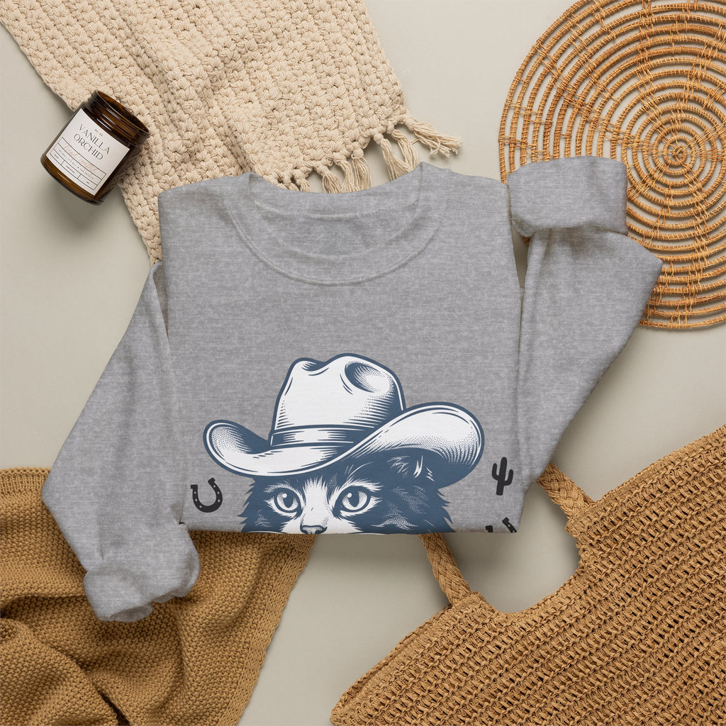 Western Cat Sweatshirt Cat Cowboy Gift Women Distressed Sweatshirt Kitty Sweatshirt Cat Fan Frayed Sweatshirt Rodeo Graphic Doodle Desert Plant Sweatshirt