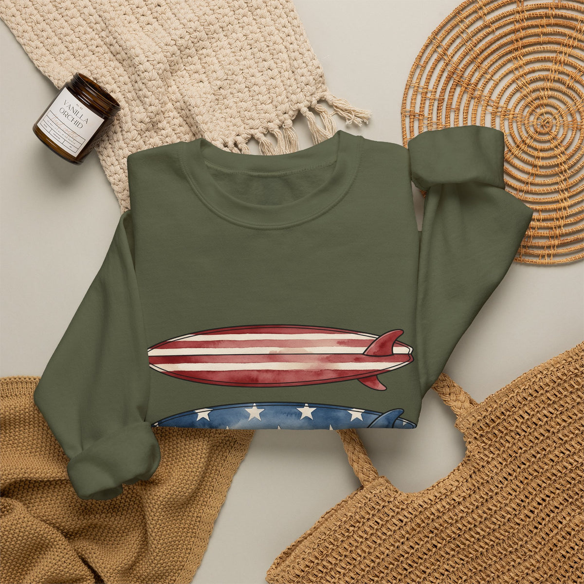 American Surfboards Sweatshirt 4th Of July Ocean Gift Women Painting Sweatshirt Surfboard Sweatshirt Independence Day Fan Artistic Sweatshirt Sea Graphic Retro