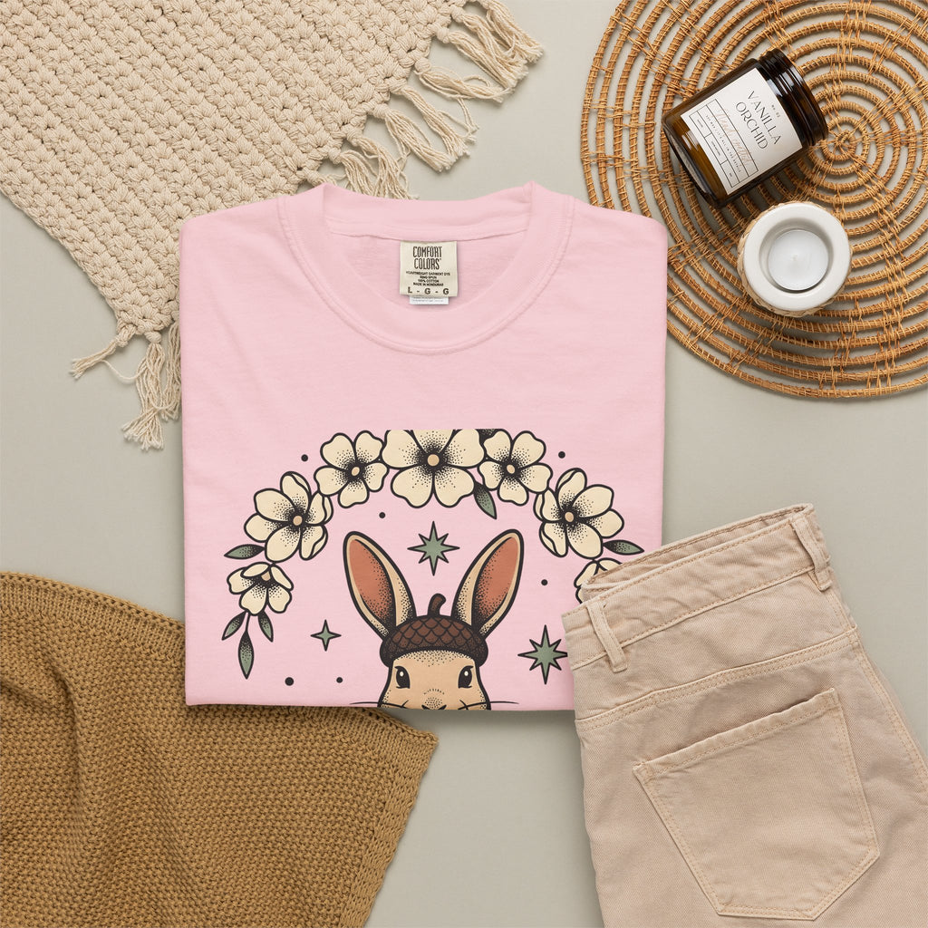 Peaceful Hare T-Shirt Yoga Critter Gift Women Folk T-Shirt Rabbit T-Shirt Yoga Enthusiast Folk Art T-Shirt Animal Graphic Line Art Garden Loop