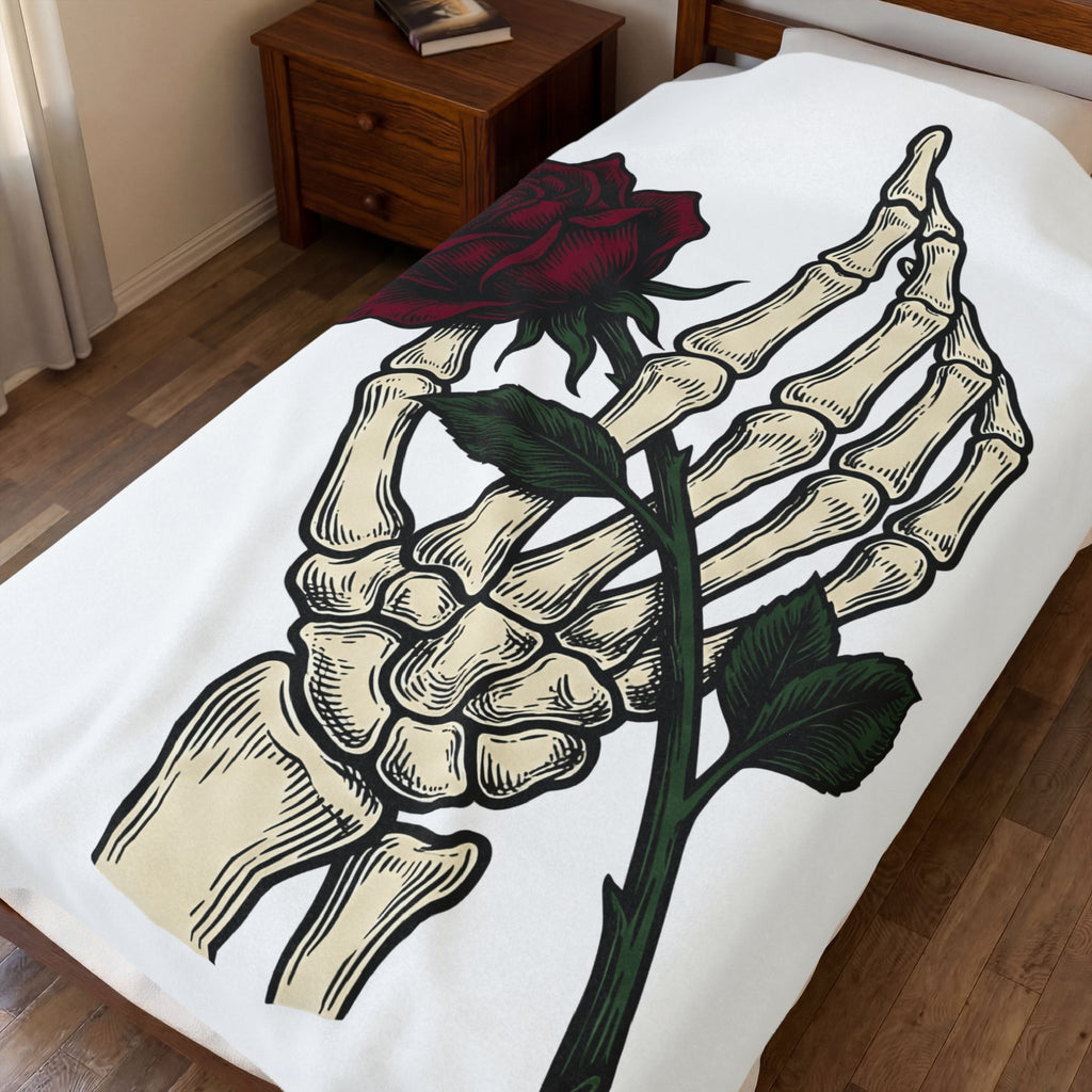 Skeleton Hand Blanket Halloween Gothic Gift Women Tattoo Blanket Bony Finger Blanket Horror Fan Ink Blanket Dark Graphic Vintage Rose Blanket
