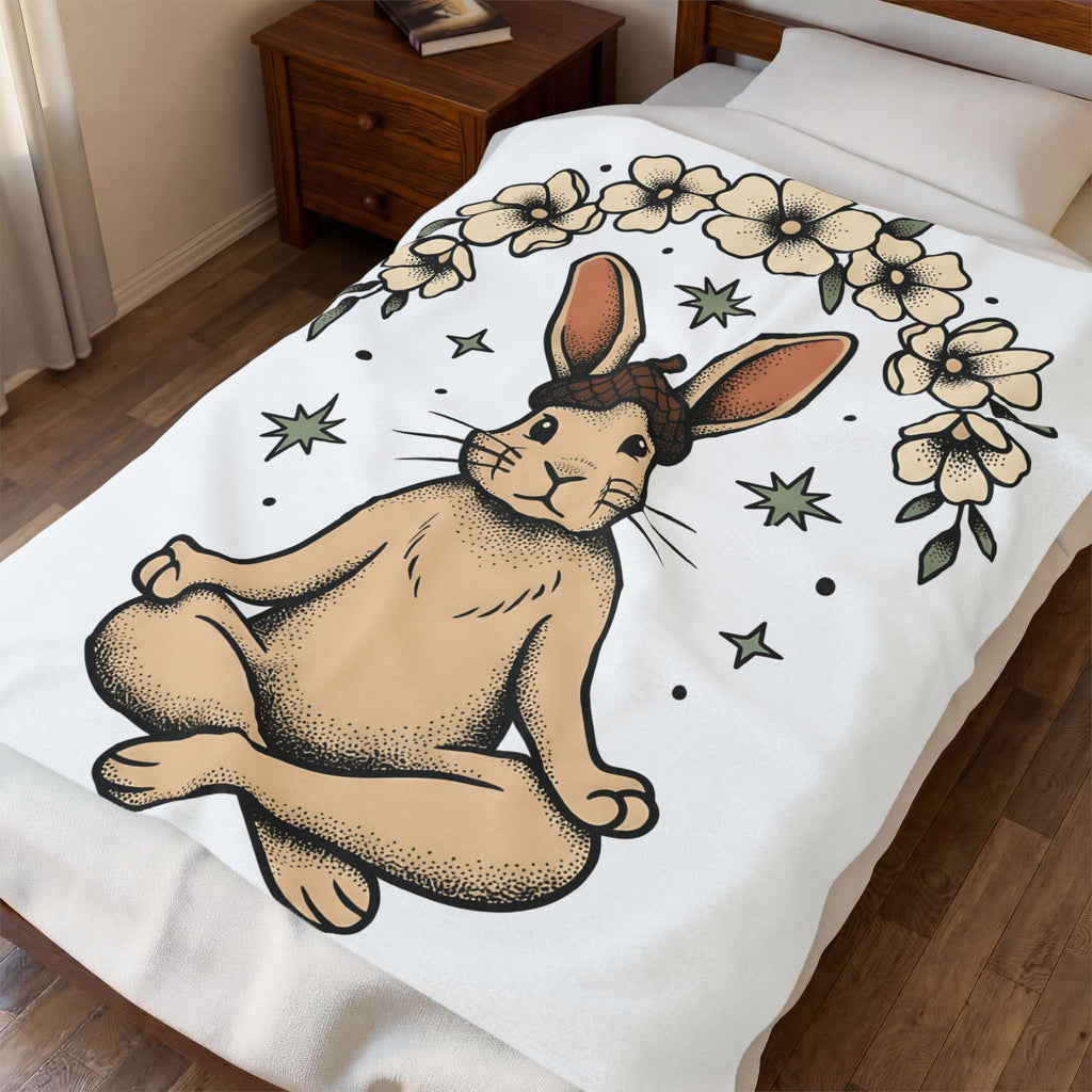 Peaceful Hare Blanket Yoga Critter Gift Women Folk Blanket Rabbit Blanket Yoga Enthusiast Folk Art Blanket Animal Graphic Line Art Garden Loop