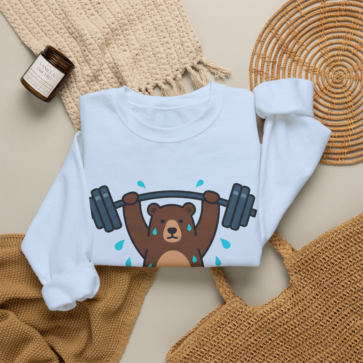 Bear Lifting Sweatshirt Fitness Workout Gift Women Comic Sweatshirt Grizzly Sweatshirt Gym Enthusiast Cartoon Sweatshirt Exercise Graphic Simple Weights Sweatshirt