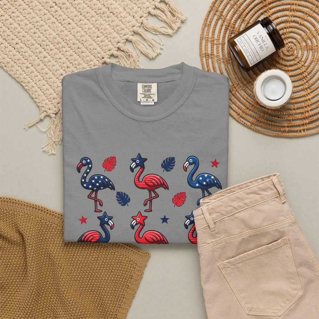 Flag Flamingo T-Shirt 4th Of July Holiday Gift Women Cartoonish T-Shirt Flamingo T-Shirt Independence Day Fan Retro T-Shirt Celebration Graphic Old