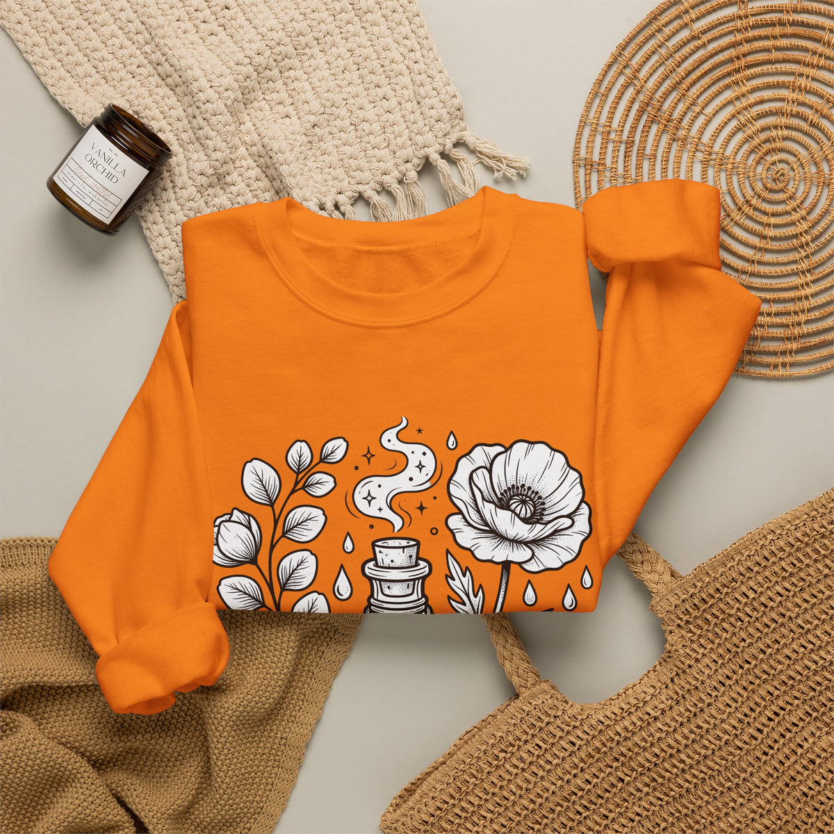 Magic Bottle Sweatshirt Halloween Spells Gift Women Sketch Sweatshirt Genie Bottle Sweatshirt Horror Fan Mystic Drawing Graphic Retro Flower Sweatshirt