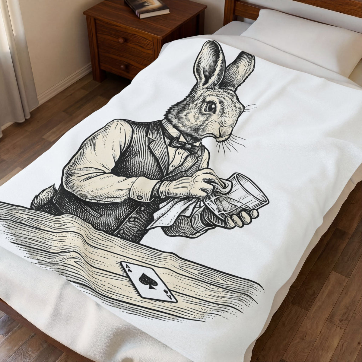 Rabbit Bartender Blanket Animal Bar Gift Women Vintage Blanket Bunny Blanket Pet Fan Retro Blanket Pub Graphic Hand Drawn Playing Card Blanket