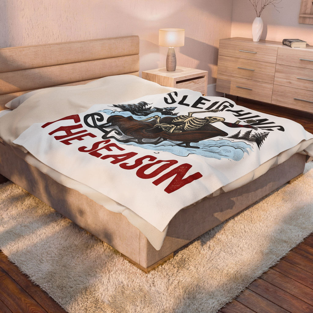Bone Sleigh Blanket Christmas Comedy Gift Women Shabby Chic Blanket Sleigh Bell Blanket Xmas Fan Distressed Blanket Humor Graphic Doodle Fir Trees