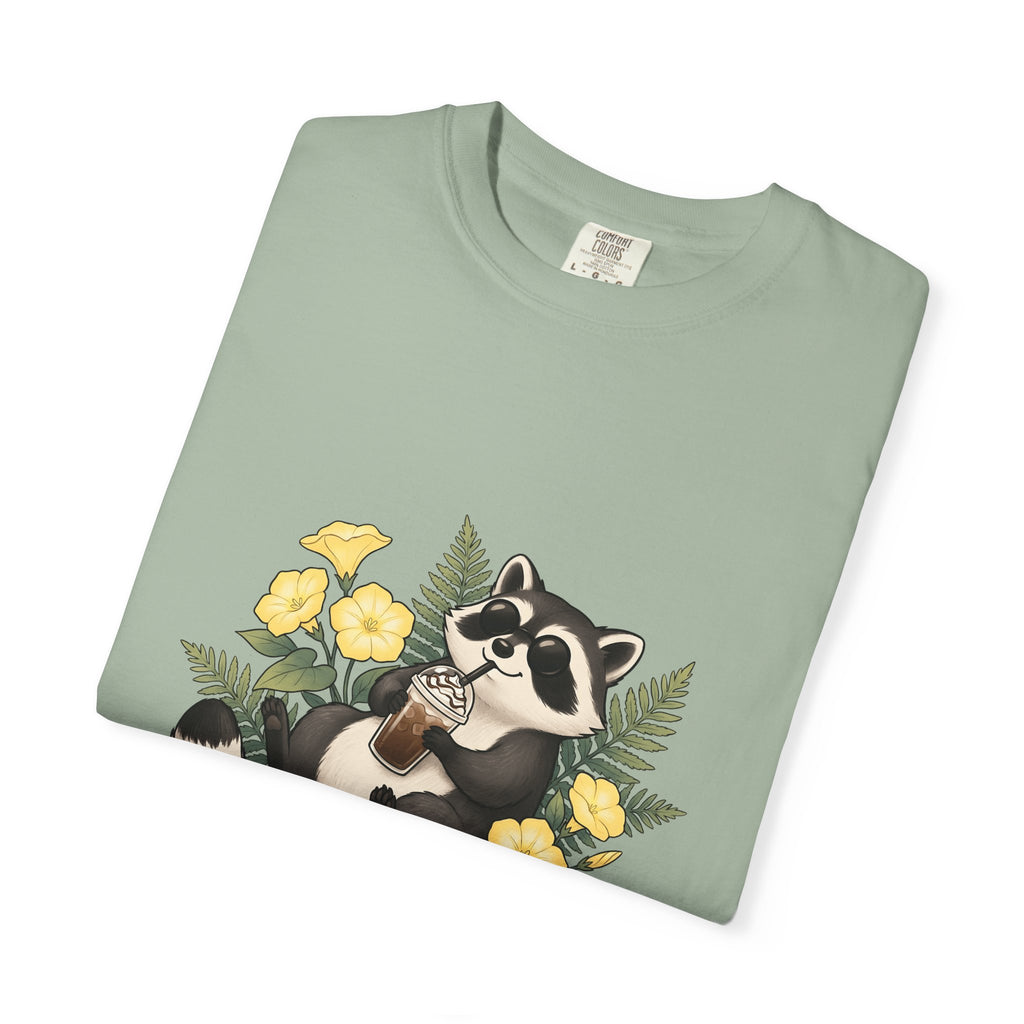 Raccoon Cappuccino T-Shirt Coffee Pet Gift Women Cartoon T-Shirt Cappuccino T-Shirt Coffee Fan Caricature T-Shirt Animal Graphic Outline Florals