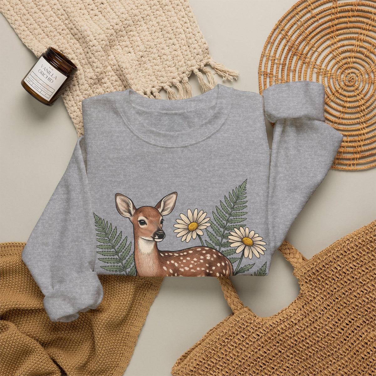 Deer Illustration Sweatshirt Boho Chic Outdoor Gift Women Floral Sweatshirt Fawn Sweatshirt Bohemian Fan Botanical Sweatshirt Wilderness Graphic Retro Flower