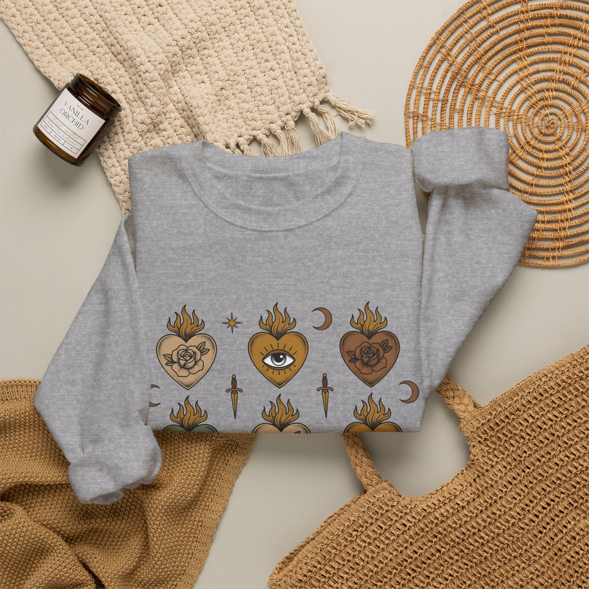 Sacred Heart Pattern Sweatshirt Boho Chic Mystical Gift Women Tattoo Sweatshirt Heart Design Sweatshirt Bohemian Fan Ink Graphic Sweatshirt Vintage Crescent