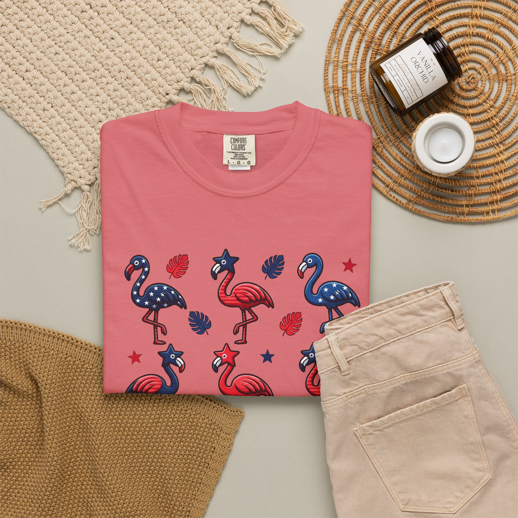 Flag Flamingo T-Shirt 4th Of July Holiday Gift Women Cartoonish T-Shirt Flamingo T-Shirt Independence Day Fan Retro T-Shirt Celebration Graphic Old