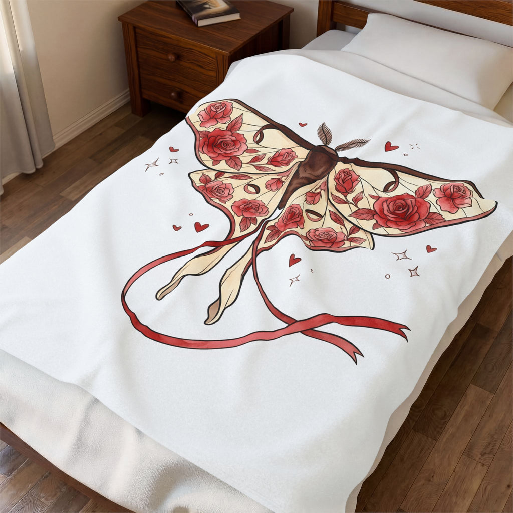 Moth Rose Blanket St. Valentine's Day Floral Gift Women Boho Blanket Rose Blanket Valentine Fan Bohemian Blanket Floral Graphic Tattoo Ribbon