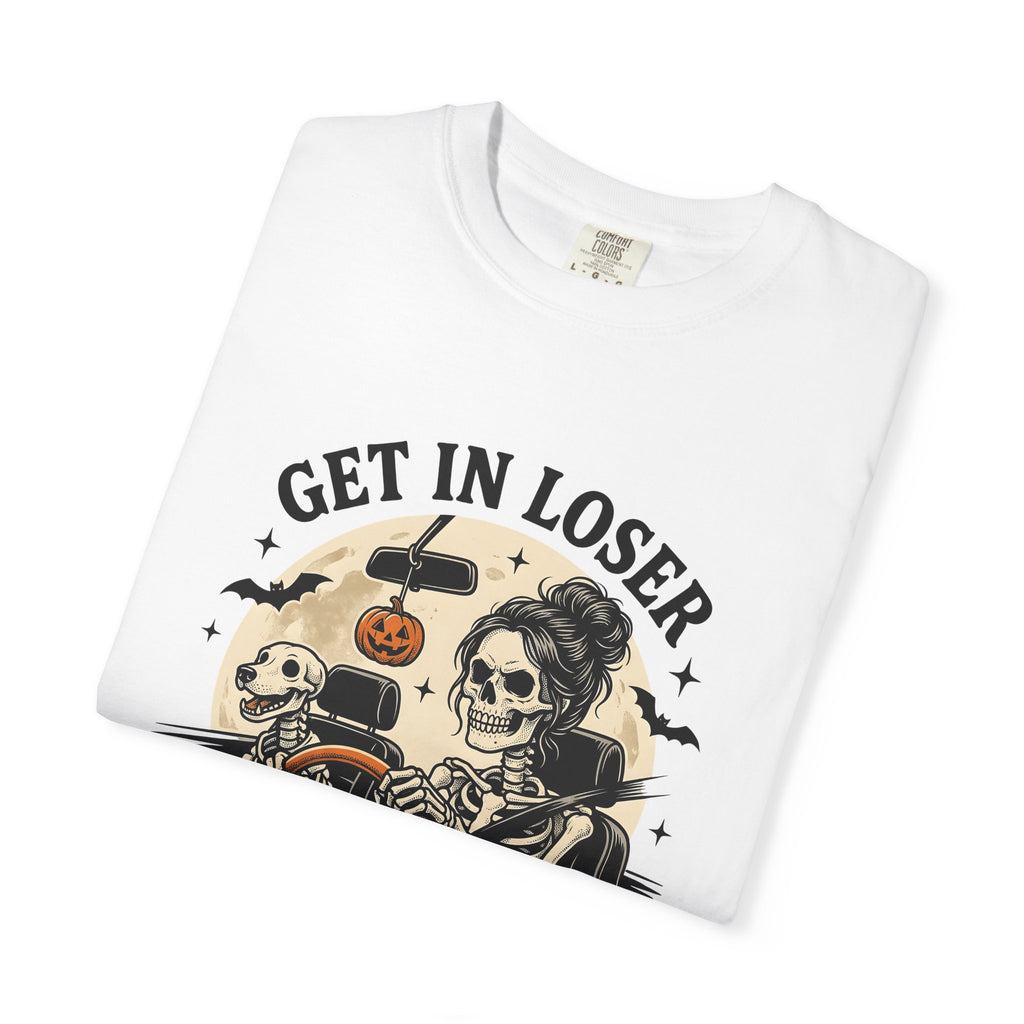 Skeleton Driver T-Shirt Halloween Spooky Gift Women Vintage T-Shirt Skeleton T-Shirt Horror Fan Retro T-Shirt Creepy Graphic Hand Drawn Bat T-Shirt