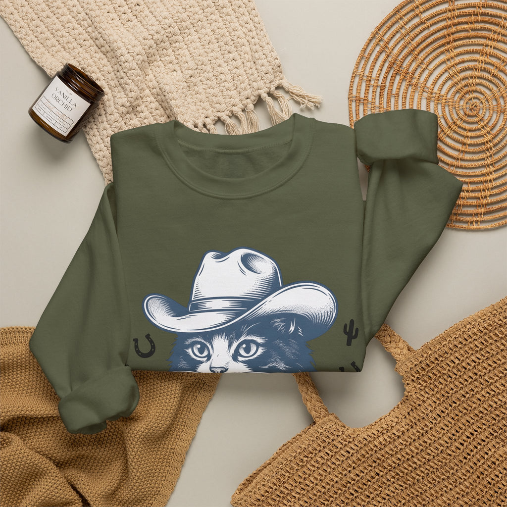 Western Cat Sweatshirt Cat Cowboy Gift Women Distressed Sweatshirt Kitty Sweatshirt Cat Fan Frayed Sweatshirt Rodeo Graphic Doodle Desert Plant Sweatshirt