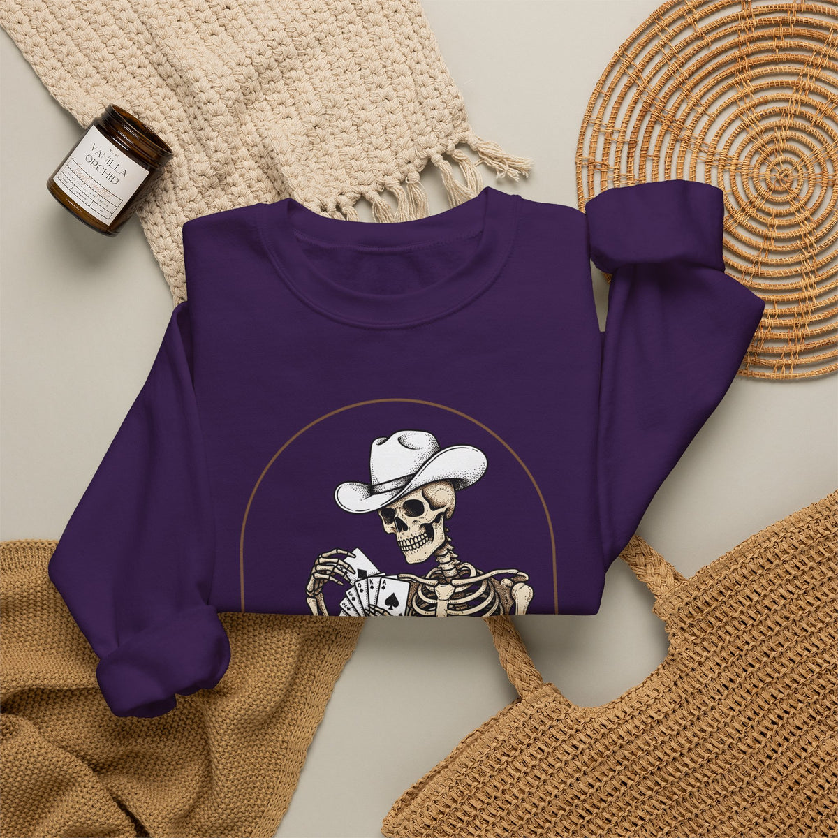 Skeleton Rancher Sweatshirt Halloween Cowboy Gear Gift Women Shabby Chic Sweatshirt Skeleton Sweatshirt Horror Fan Distressed Graphic Sweatshirt Doodle Card